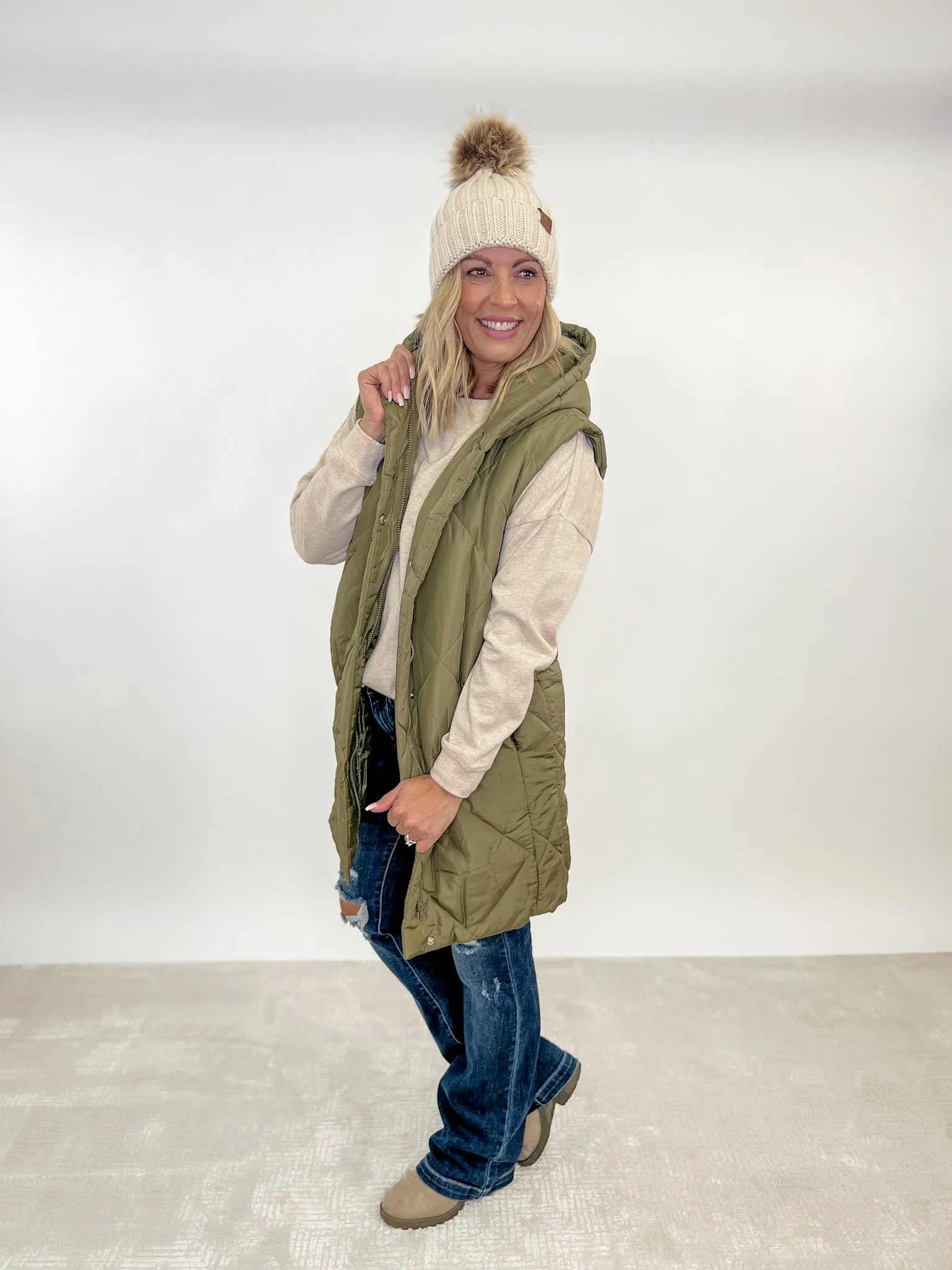 Hey Soul Sister Long Puffer Vest, Lt Olive