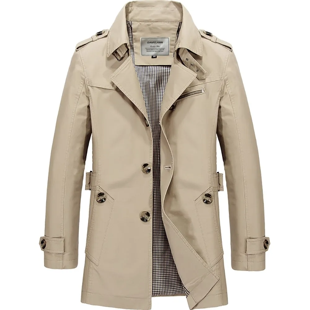 Khaki Brown Men's Windbreaker Notched Lapel Trench Coat