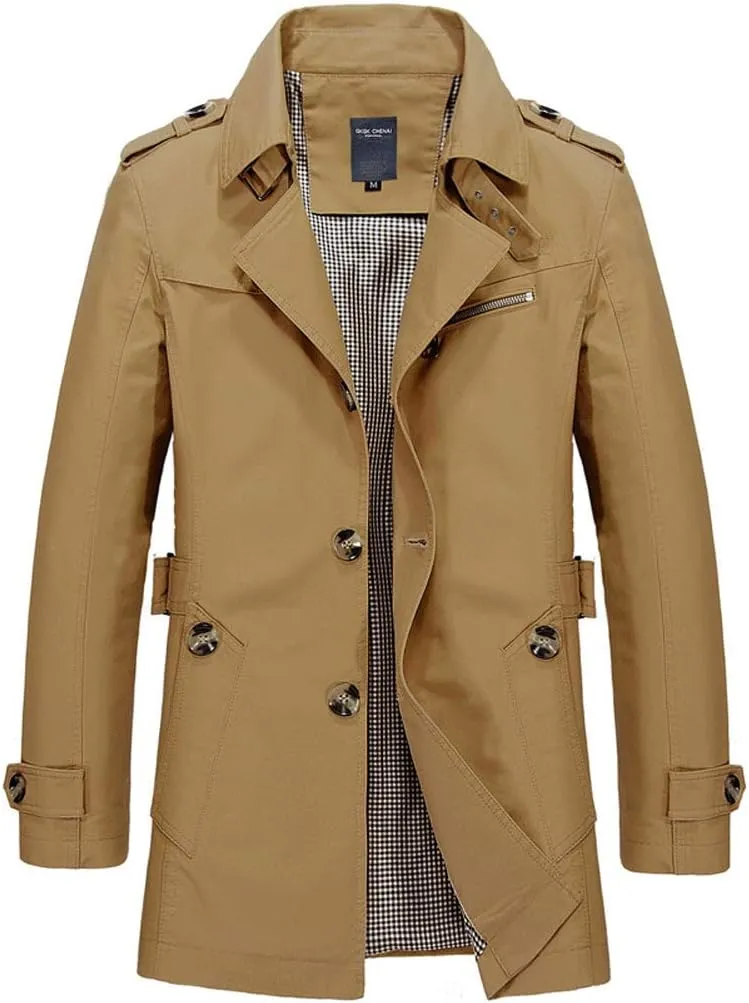 Khaki Brown Men's Windbreaker Notched Lapel Trench Coat