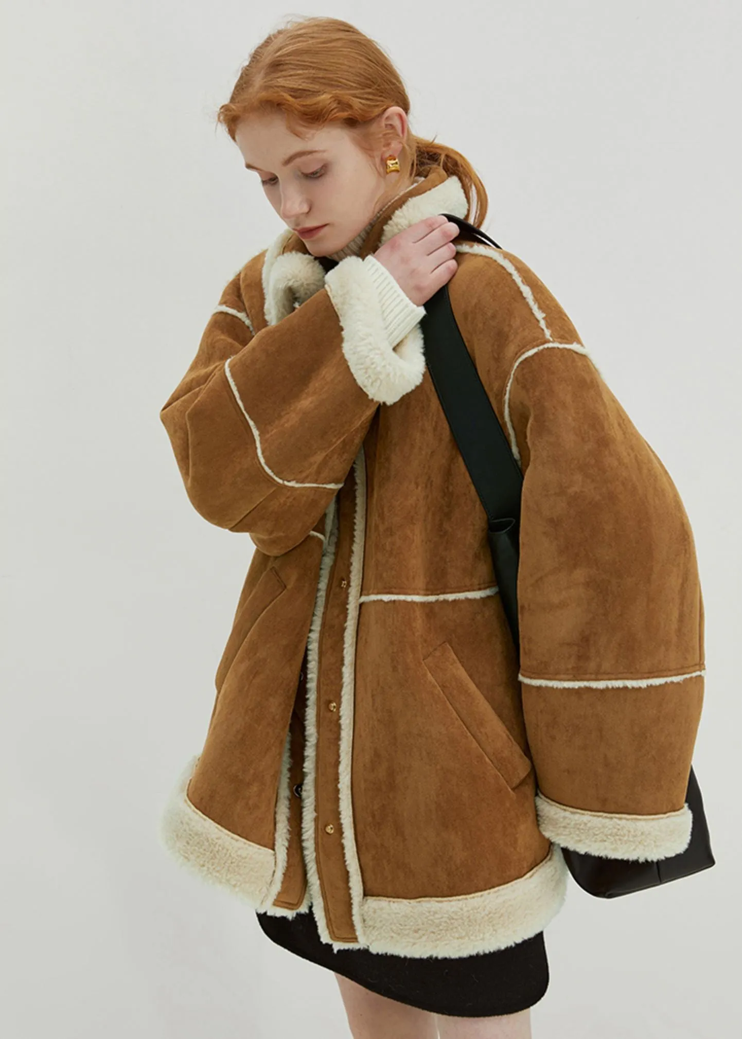 Khaki Spread Collar Faux Suede Fur Coat