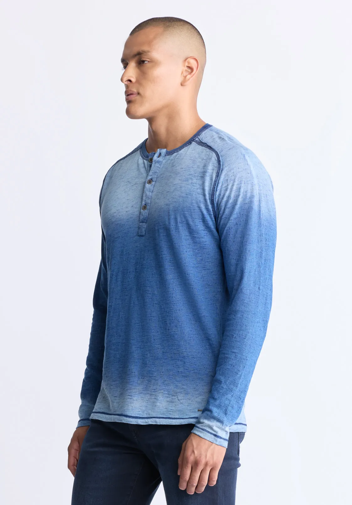 Kibbe Men's Ombre Long Sleeve Henley, Blue Gradient - BM24379