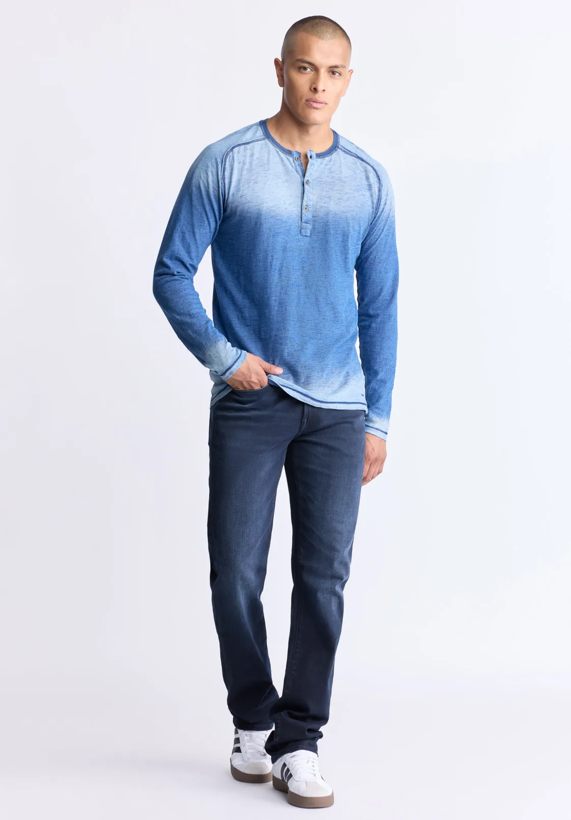 Kibbe Men's Ombre Long Sleeve Henley, Blue Gradient - BM24379