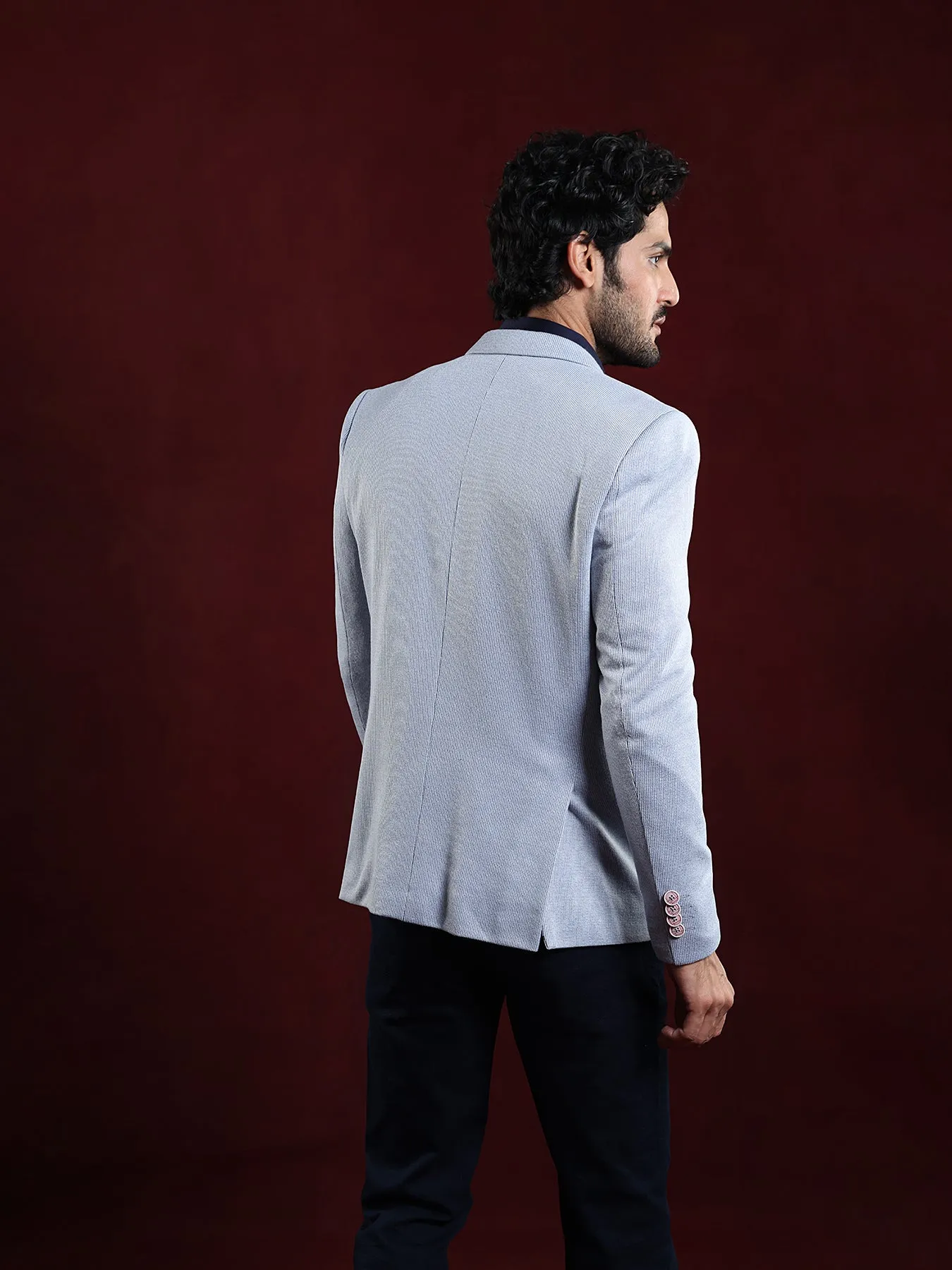 Knitted Grey Plain Slim Fit Full Sleeve Casual Blazer