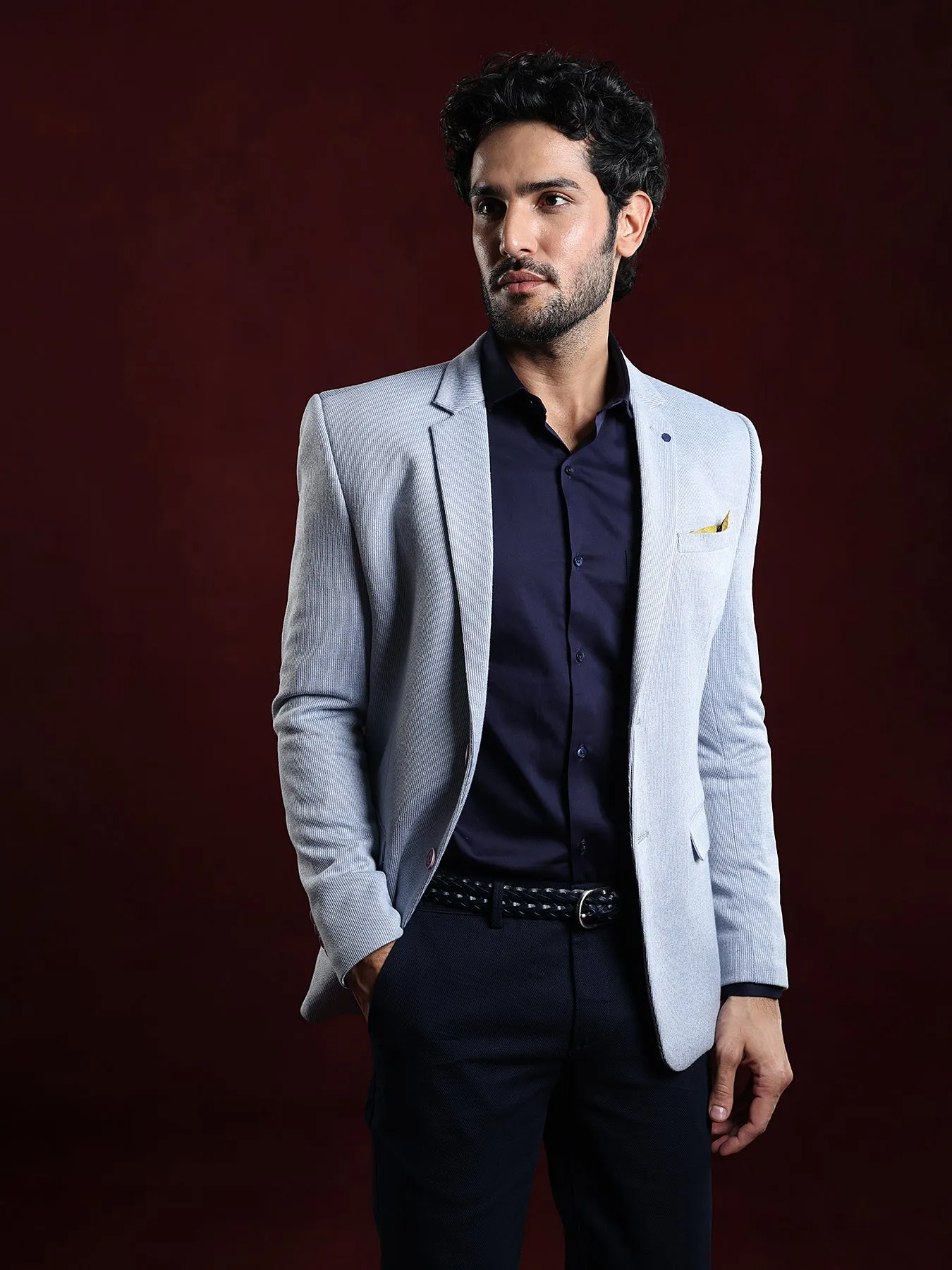 Knitted Grey Plain Slim Fit Full Sleeve Casual Blazer