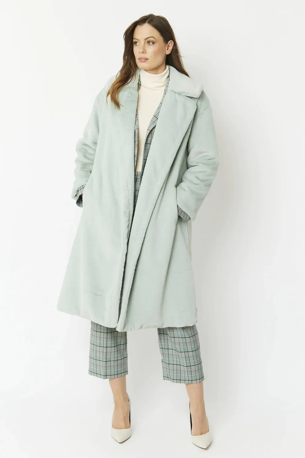 Light Green Faux Fur Midi Shaved Shearling Coat