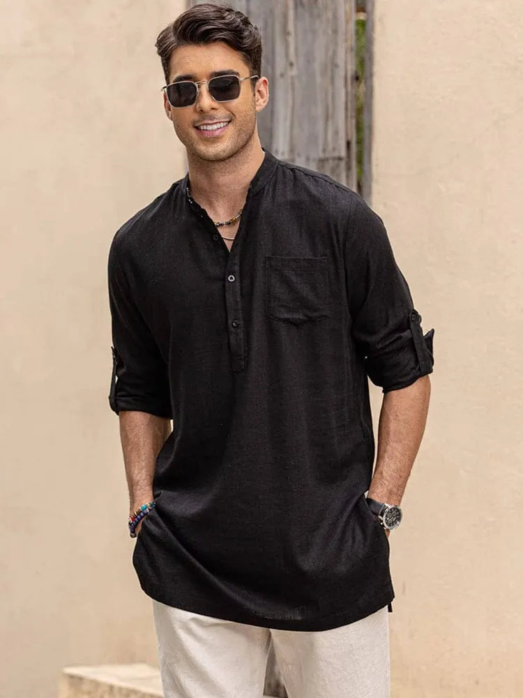 Linen Henley Long Sleeve Shirts with Pocket (US Only)