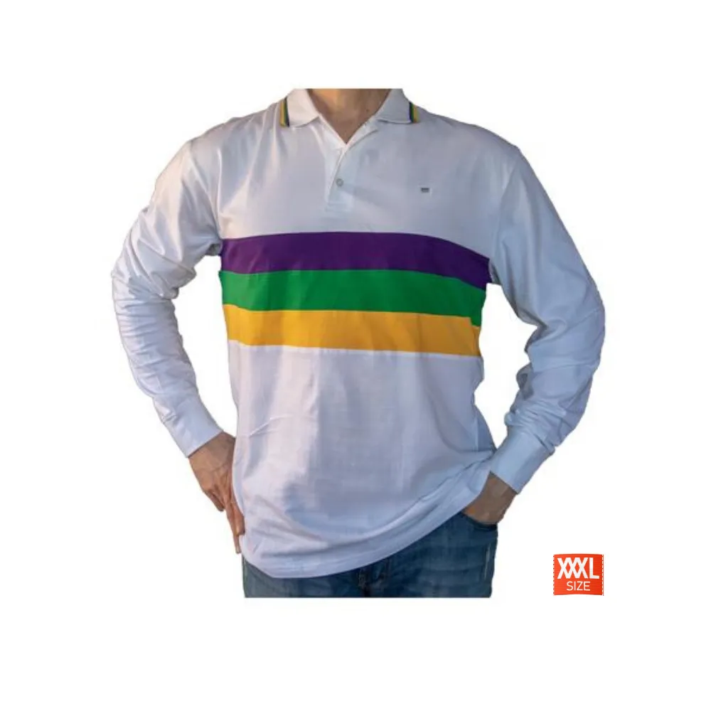 Mardi Gras Three Striped Long Sleeve Polo Shirt