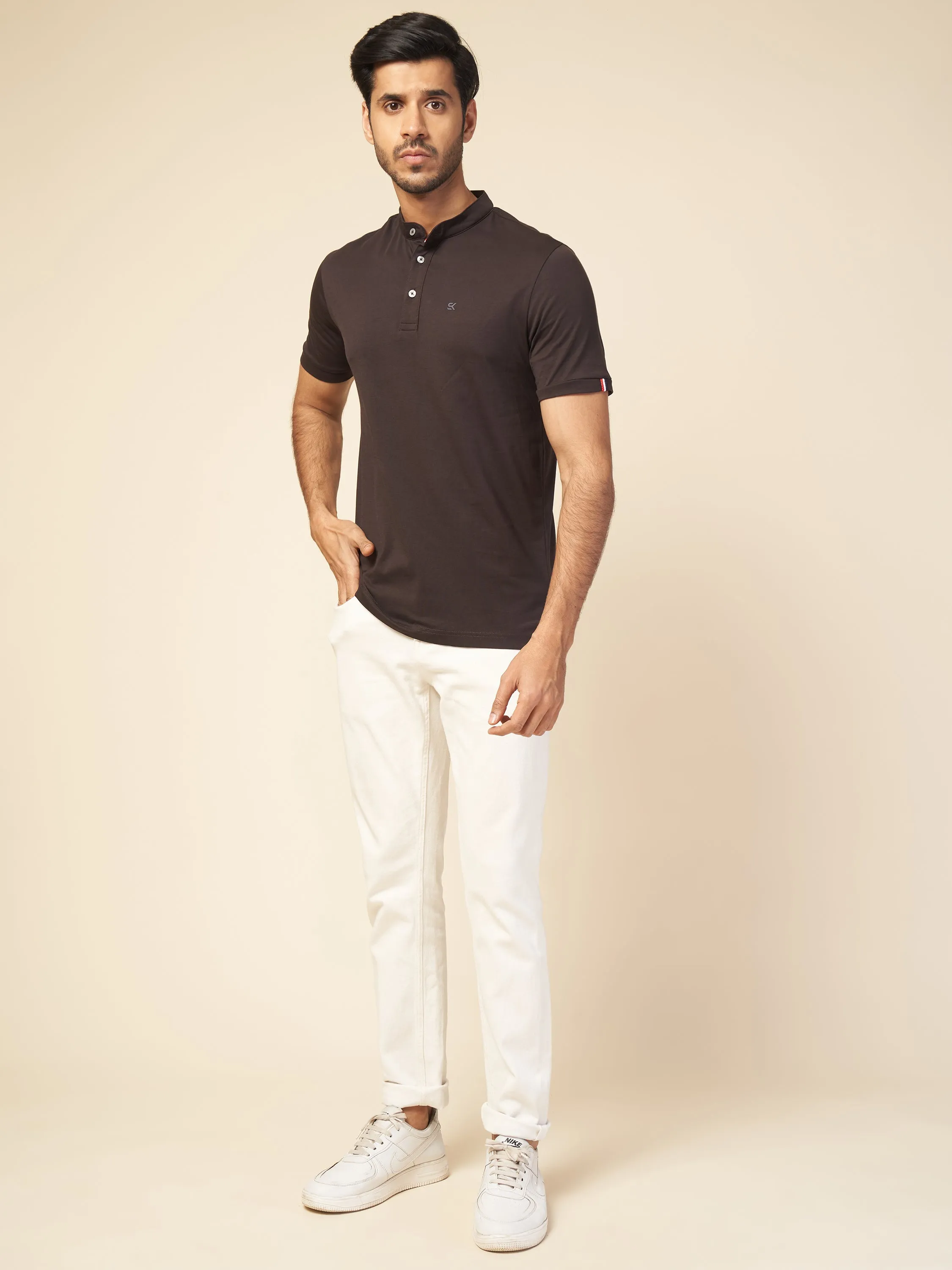 Men Chocolate Henley Polo T-Shirt