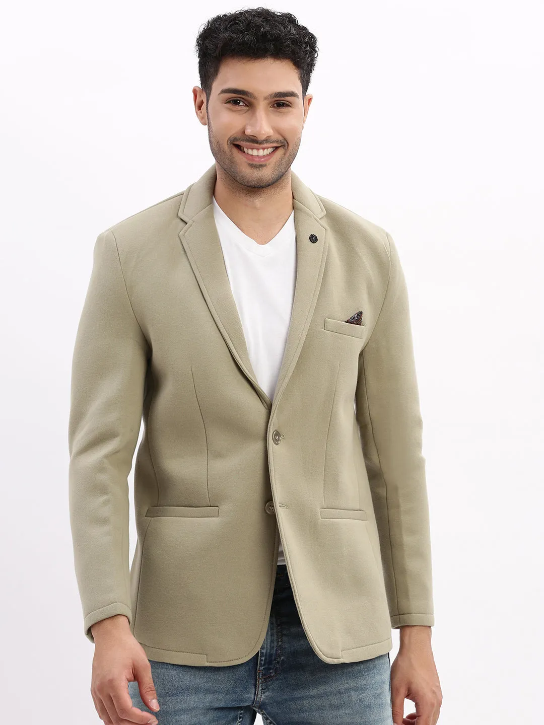 Men Solid Green Single Breasted Blazer