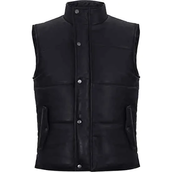 Mens Black Leather Puffer Padded Vest Waistcoat