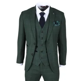 Men's Suit Green 3 Piece Checked Tailored Fit Formal Dress