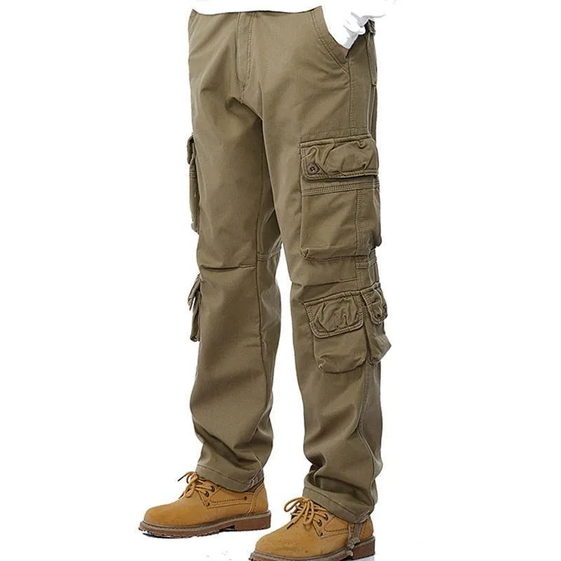 Mens Winter Fleece Lined Cargo Pants Loose Fit Multi-Pocket