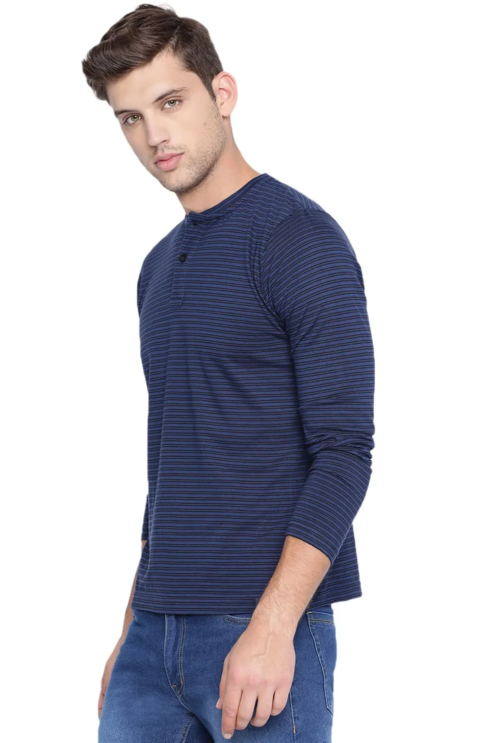 Muscle Fit Henley Stripes Polo T Shirt