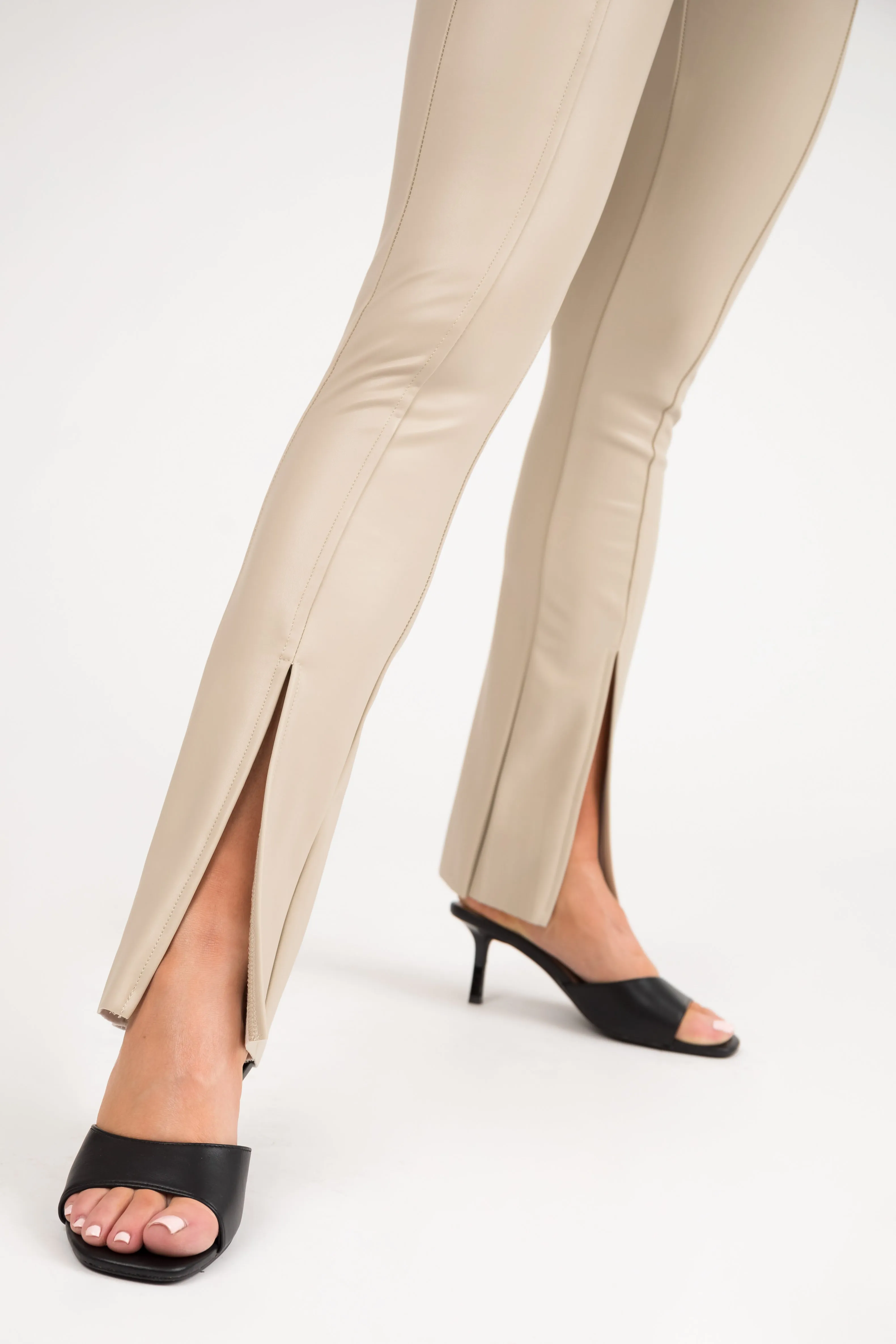 Oatmeal Slit Hem Faux Leather Leggings