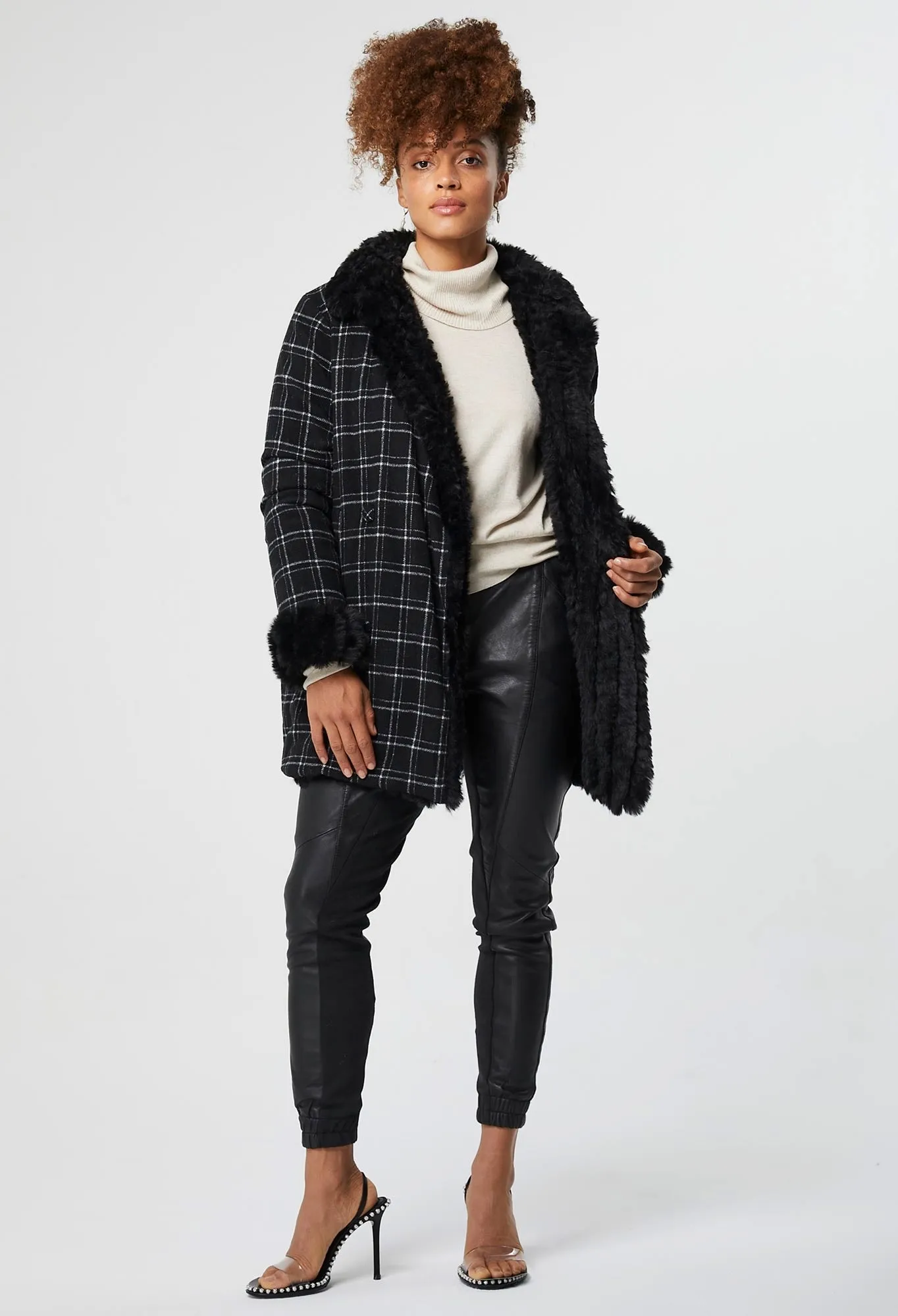 ONCE WAS MILTON REVERSIBLE FAUX FUR & WOOL BLEND COAT BLACK/CHECK