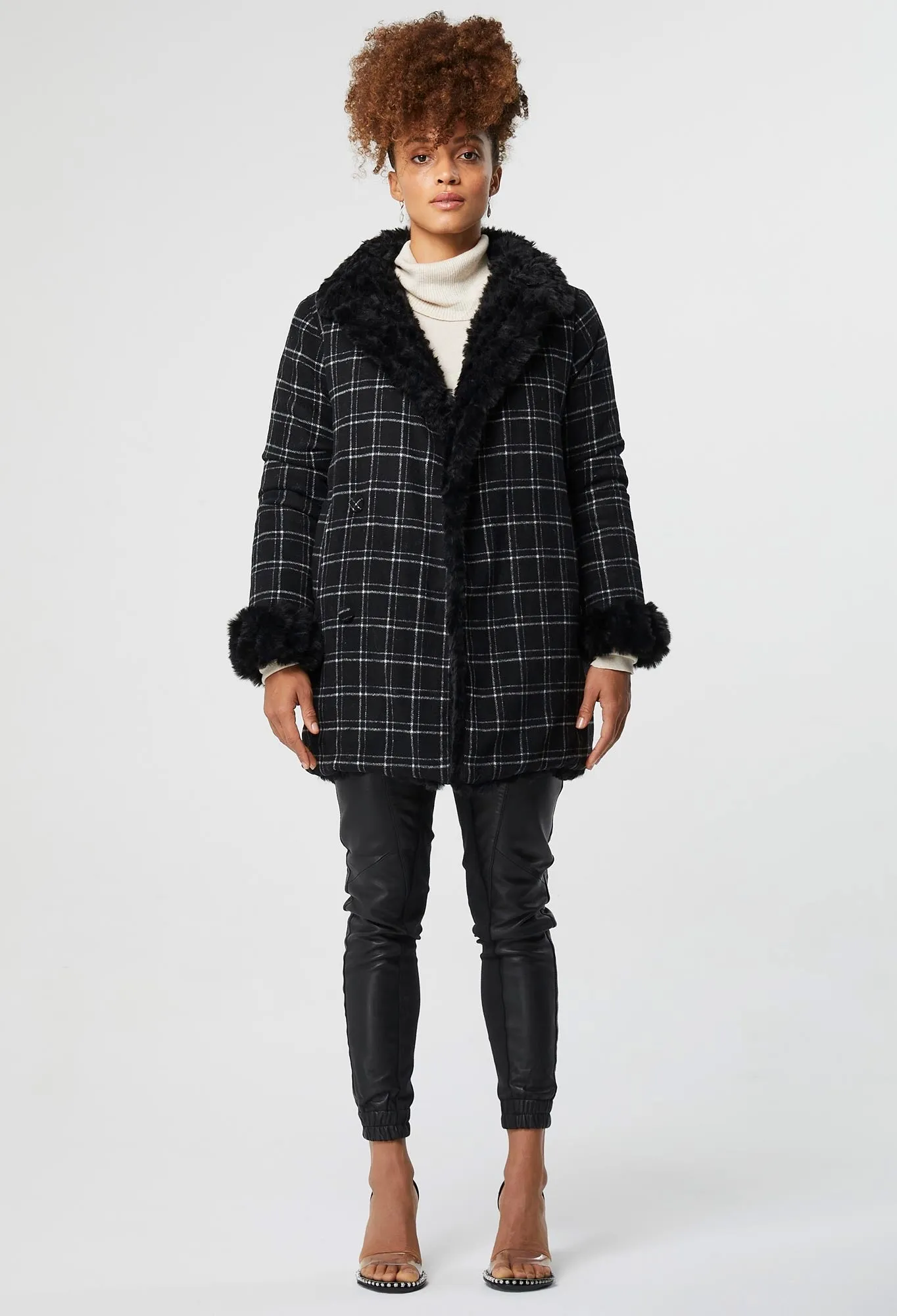 ONCE WAS MILTON REVERSIBLE FAUX FUR & WOOL BLEND COAT BLACK/CHECK