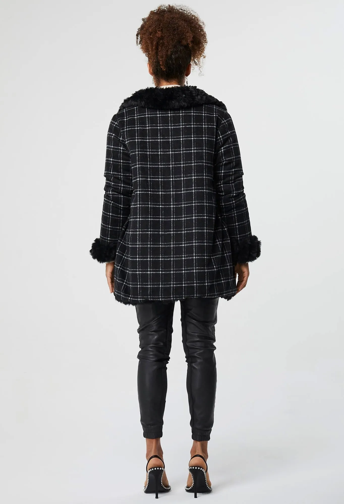 ONCE WAS MILTON REVERSIBLE FAUX FUR & WOOL BLEND COAT BLACK/CHECK