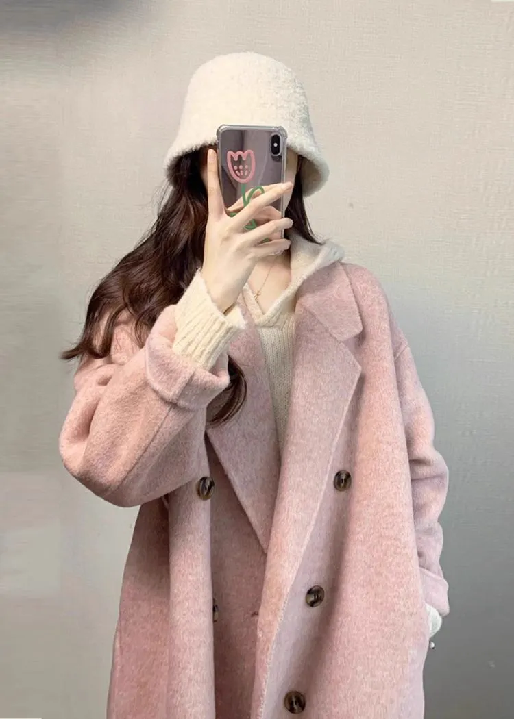 Pink Wool Blend Wrap Long Coat