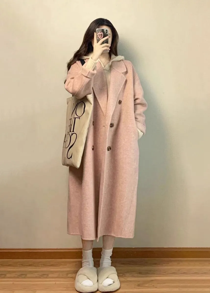 Pink Wool Blend Wrap Long Coat