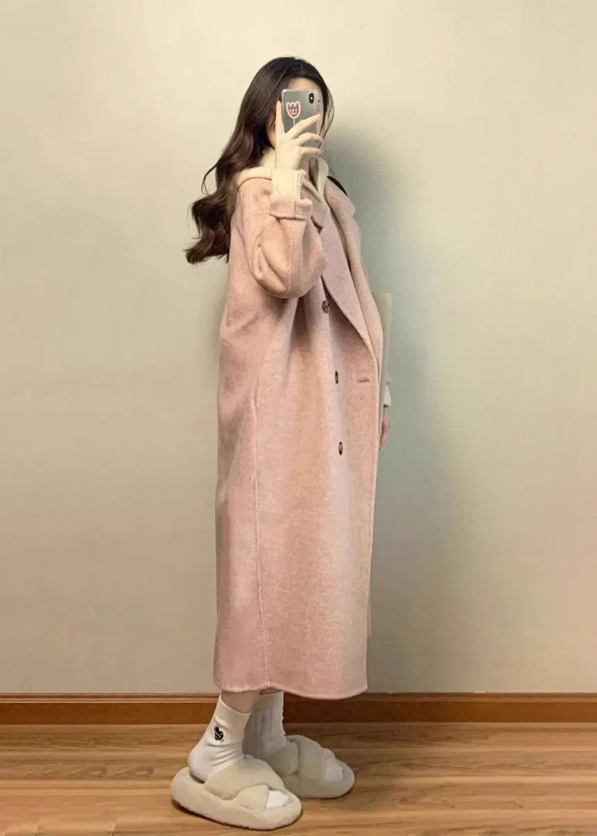 Pink Wool Blend Wrap Long Coat