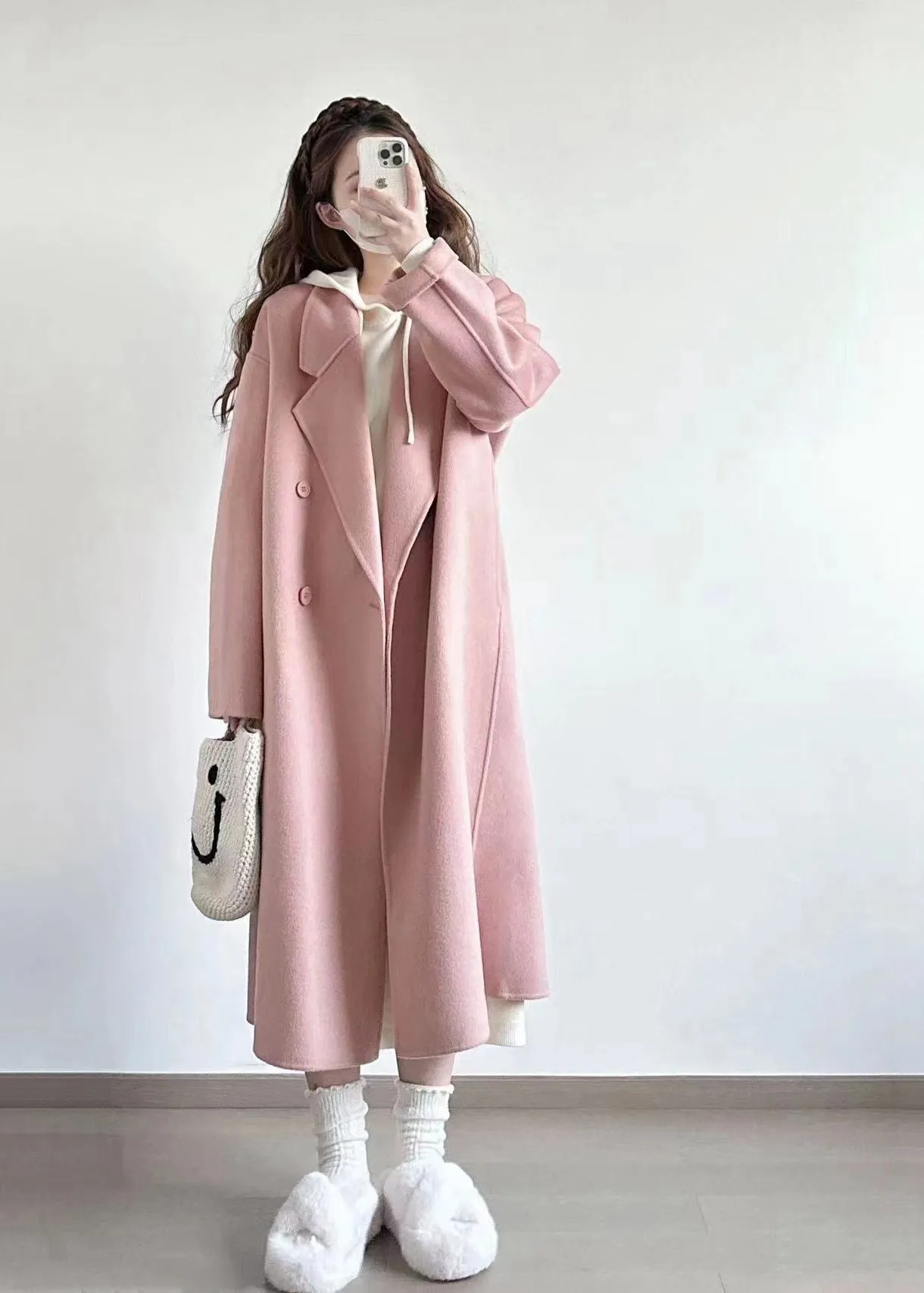 Pink Wool Blend Wrap Long Coat