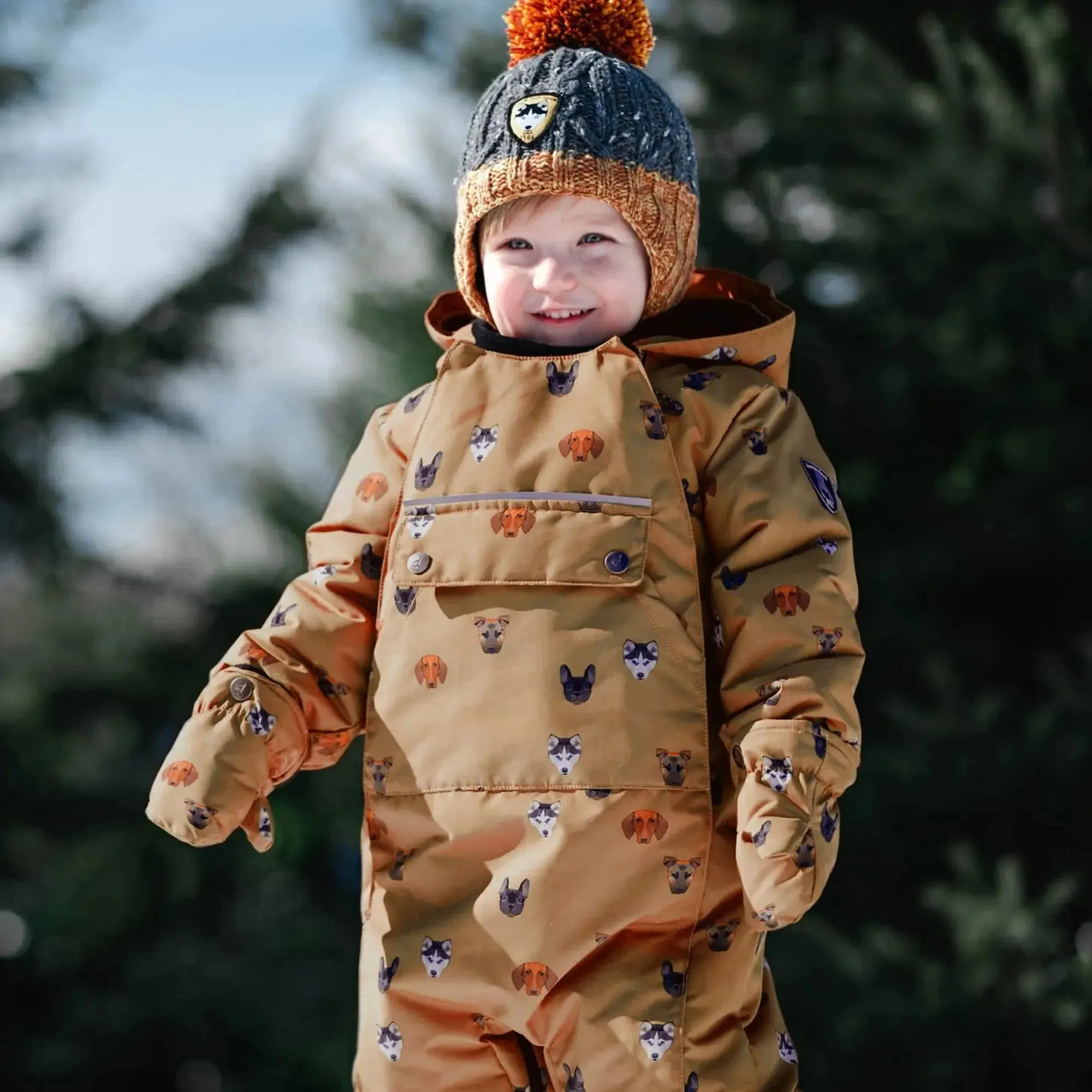 Printed Little Dogs One Piece Baby Snowsuit Yellow | DEUX PAR DEUX