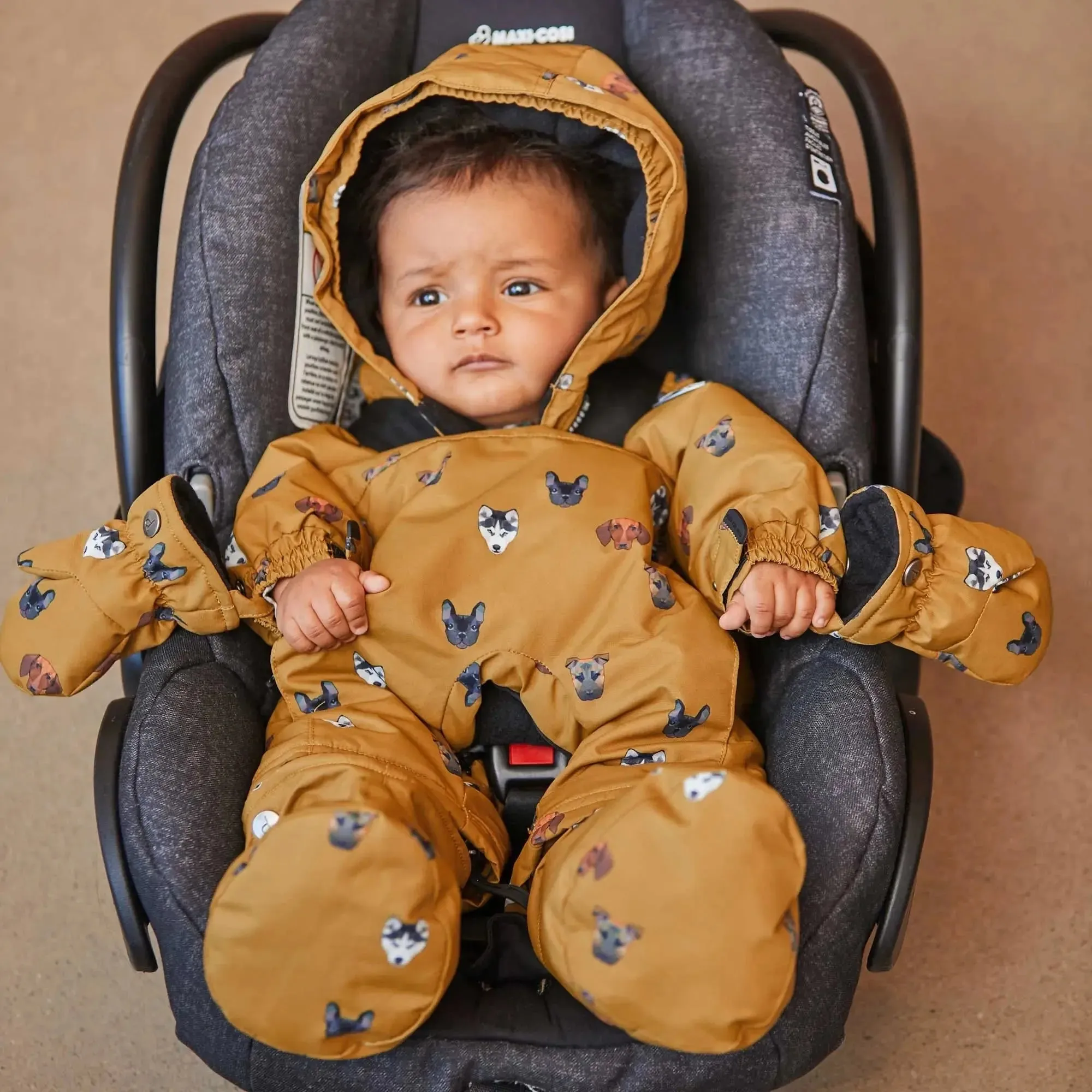 Printed Little Dogs One Piece Baby Snowsuit Yellow | DEUX PAR DEUX