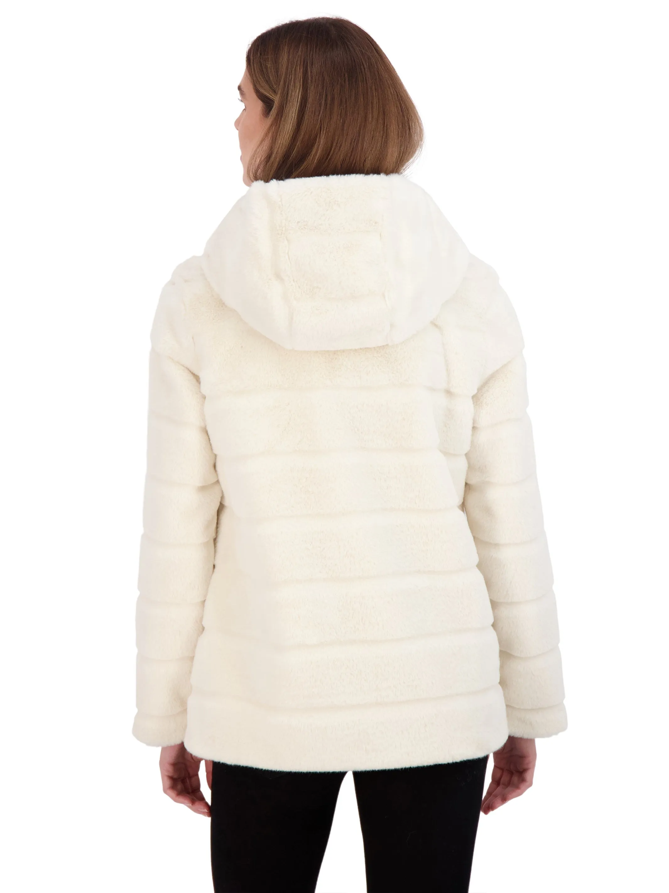 Sebby Collection Women's Hooded Grooved Faux Fur Zip Front Coat