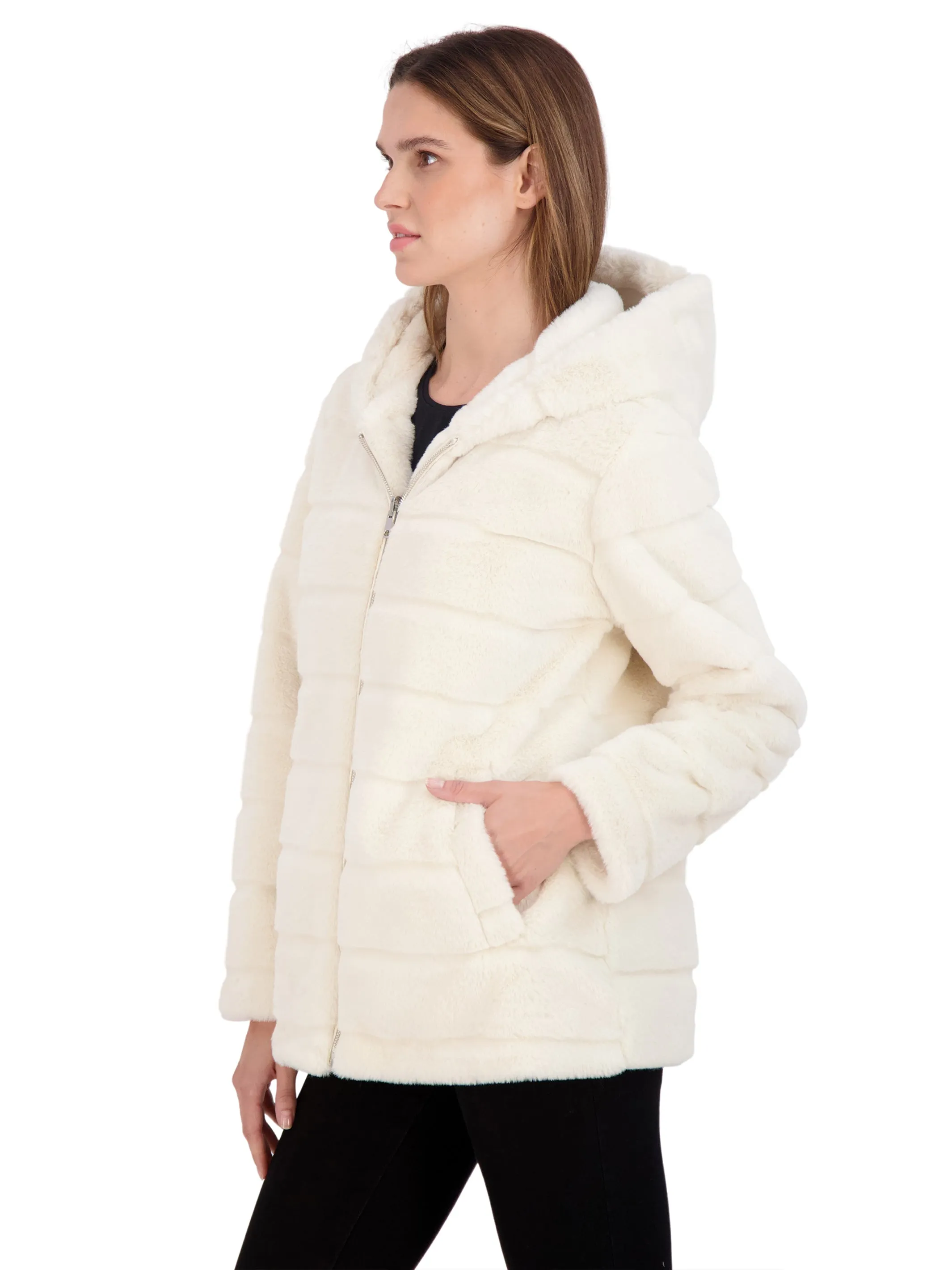 Sebby Collection Women's Hooded Grooved Faux Fur Zip Front Coat