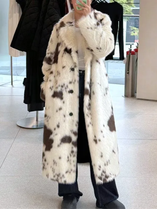 Street Animal Print Heavy Faux Fur Long Coat