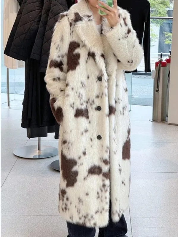 Street Animal Print Heavy Faux Fur Long Coat