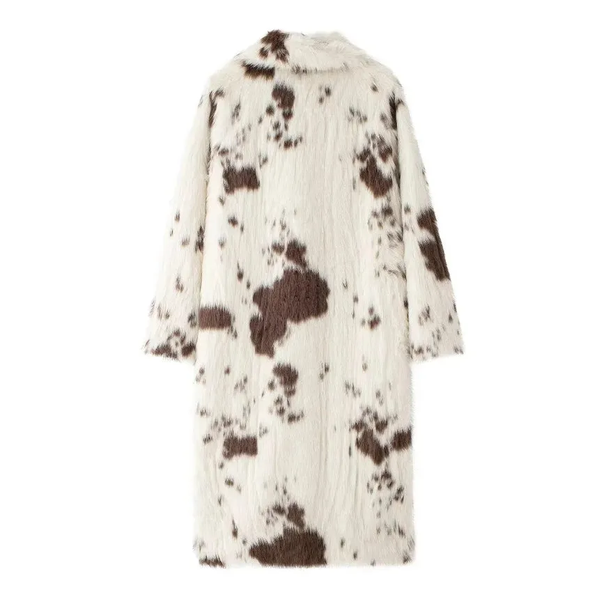 Street Animal Print Heavy Faux Fur Long Coat