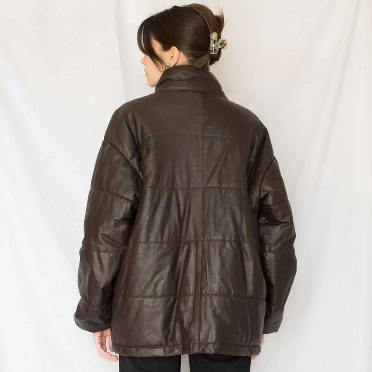 Womens Brown Leather Oversized Puffer Jacket