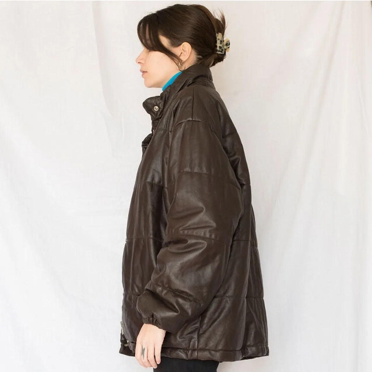 Womens Brown Leather Oversized Puffer Jacket