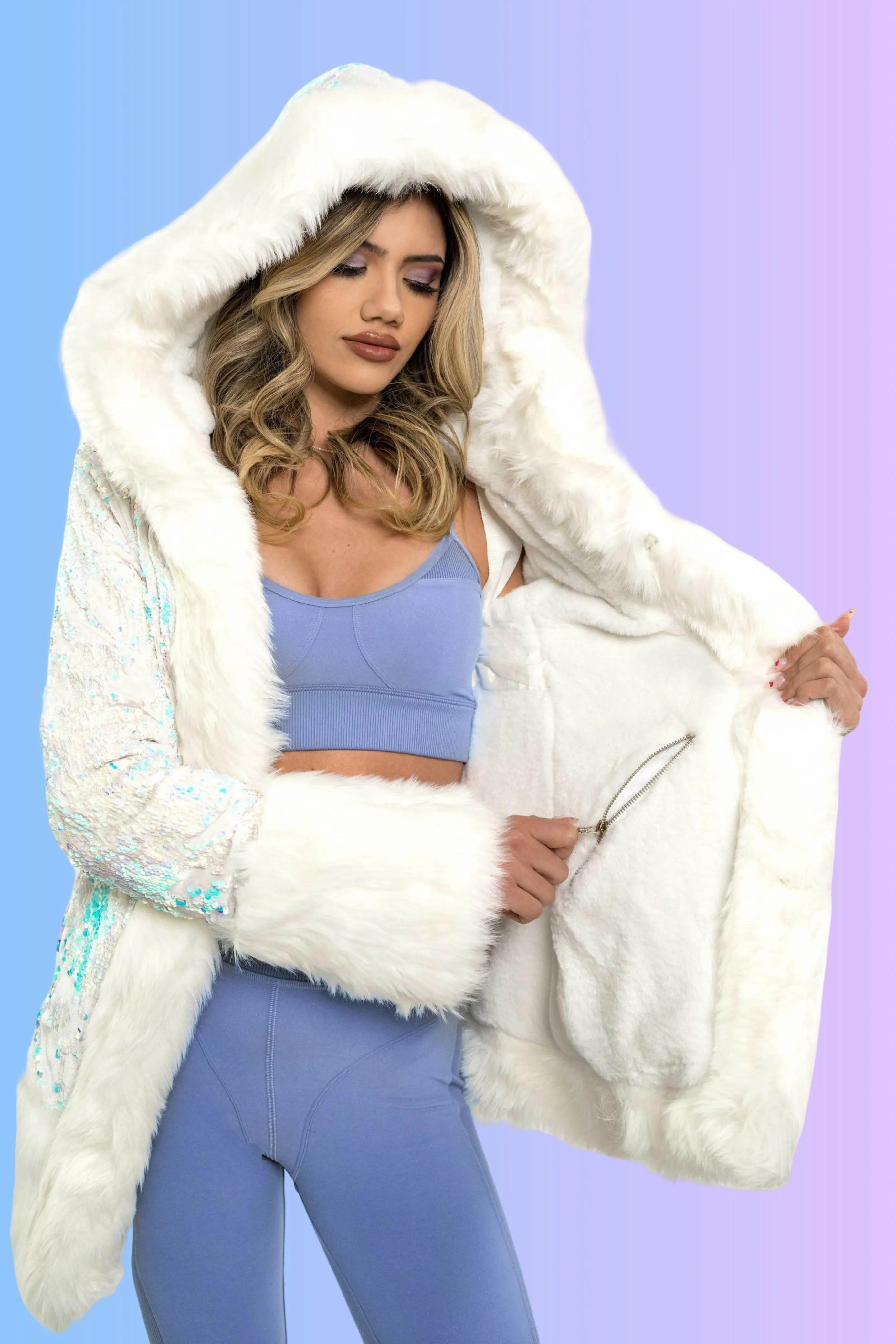 Women's Petite Playa Coat in "White Velvet Unicorn Sequin "