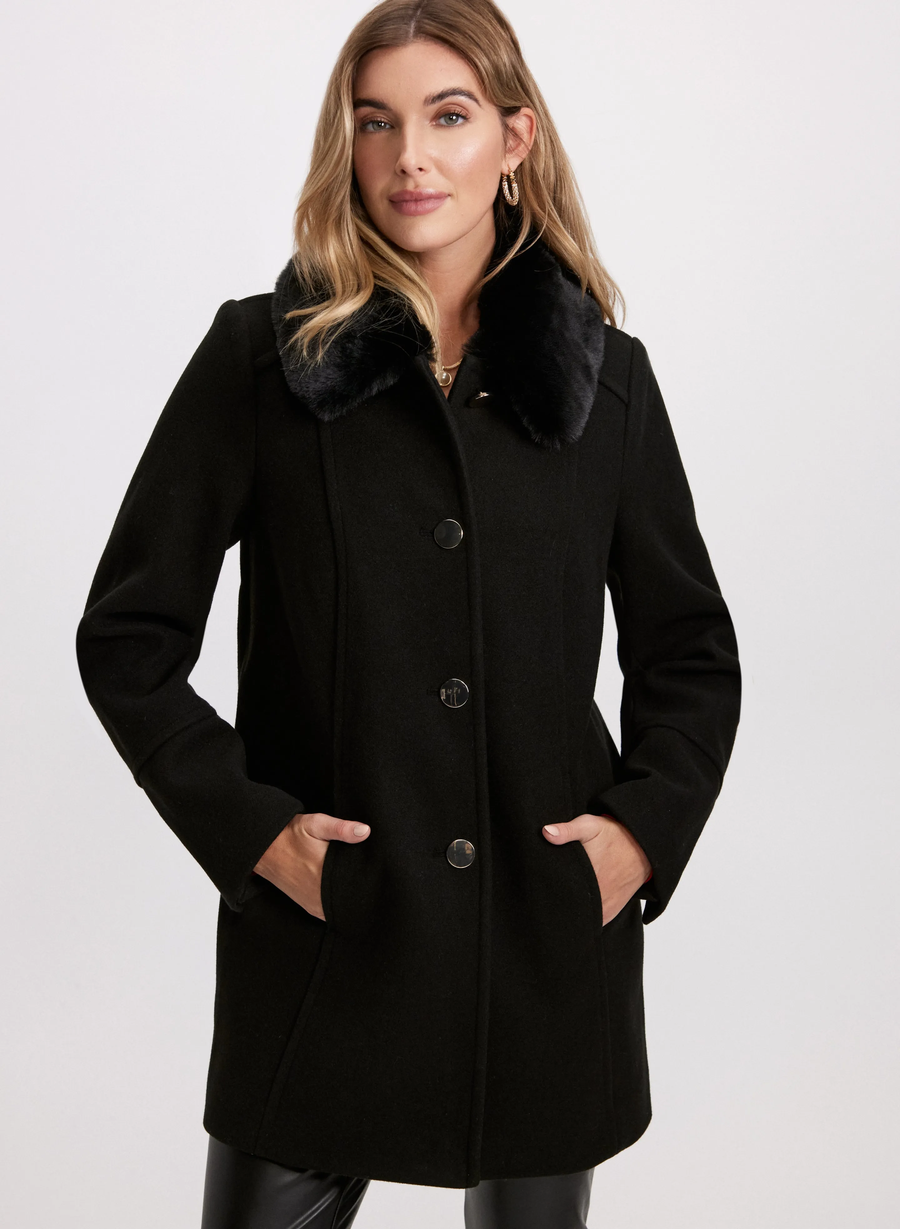 Wool-Blend Faux Fur Collar Coat